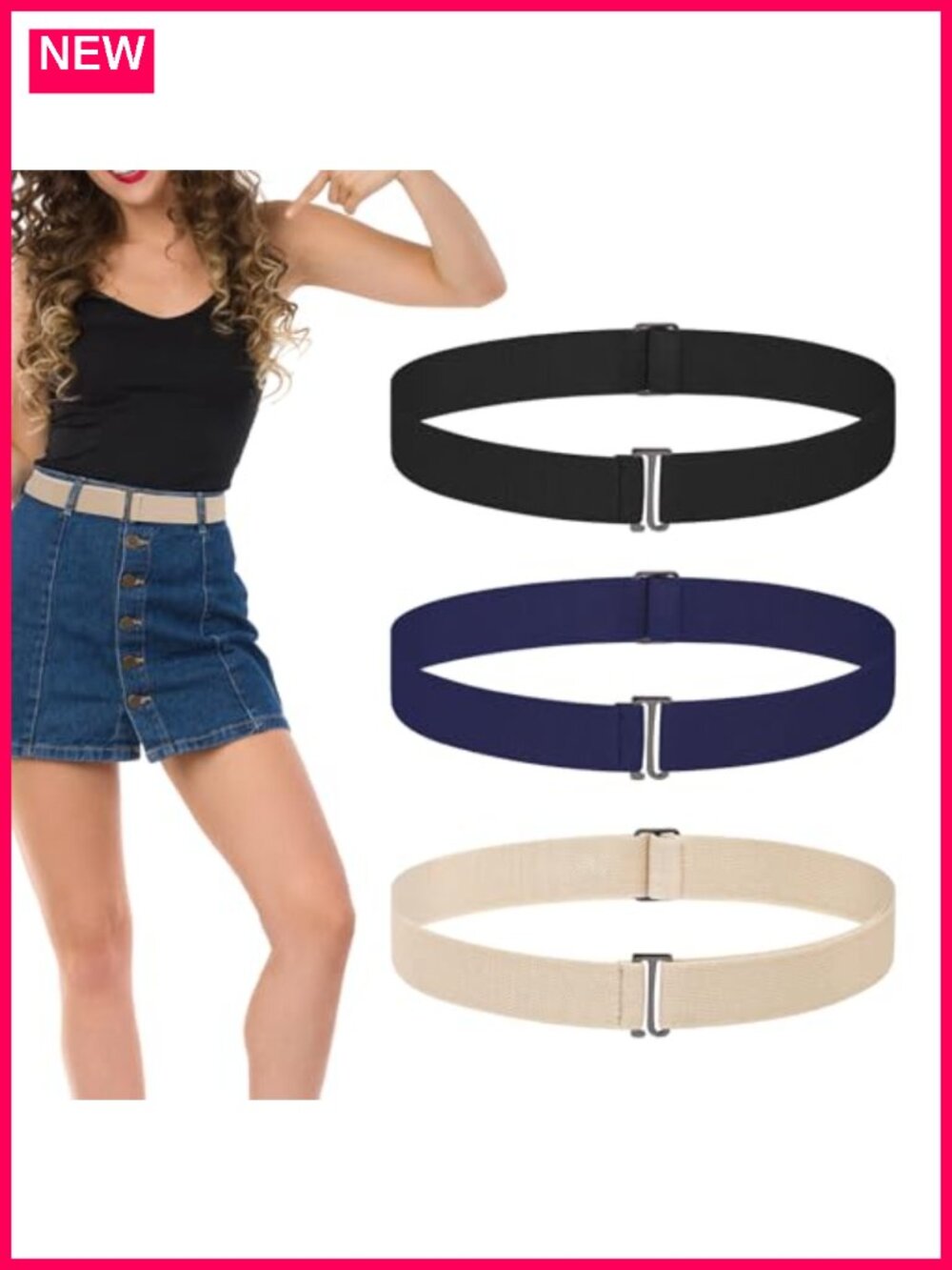 3 Pack No Show Stretch Belt with Flat Buckle Adjustable Elastic Waist